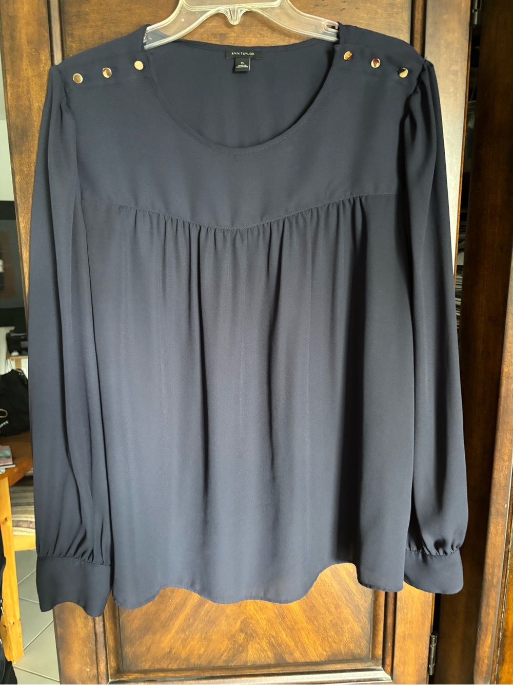 Ann Taylor Navy Long-Sleeve Blouse with Gold Shoulder Buttons
